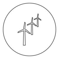 Windgeneratoren Turbinenleistung Windmühle saubere Energie Konzept Symbol im Kreis rund schwarz Farbe Vektor Illustration Bild Umriss Konturlinie dünnen Stil