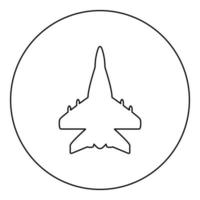 Düsenflugzeug Kämpfer reaktive Verfolgung militärische Symbol im Kreis rund schwarz Farbe Vektor Illustration Bild Umriss Konturlinie dünnen Stil
