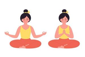kvinna som mediterar i lotusställning. hälsosam livsstil, yoga, slappna av, andningsträning. vektor