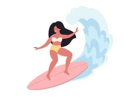 frau, die auf surfbrett surft und wellen im ozean fängt. sommeraktivität, sommerzeit, surfen. Hallo Sommer. Sommerurlaub vektor