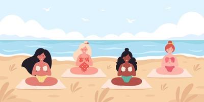 kvinnor som mediterar på stranden. hej sommar, sommarfritid, semester. hälsosam livsstil, egenvård, yoga, meditation vektor