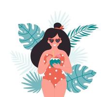 Frau mit Sommercocktail. Hallo Sommer, Urlaub, Sommerzeit, Sommerfest. Frau im Retro-Badeanzug und Retro-Brille vektor