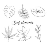 marijuana blad skiss set, palm, näckros, lind i doodle stil. svarta konturer av löv på en vit bakgrund. vektor illustration.