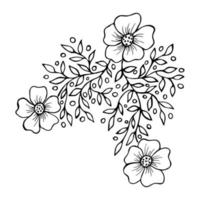 skiss söt sakura gren handritad. svarta blommiga konturer på vit bakgrund för målarbok sida. vektor blommor med blad i doodle stil.