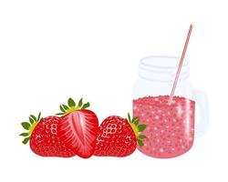 mogna röda aromatiska söta jordgubbar och färsk jordgubbsjuice i en glasburk med ett handtag och ett sugrör. glas med jordgubbsjuice isolerad på en vit background.strawberry smoothie.vector. vektor