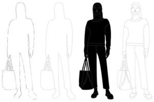 skiss kontur av siluetten av en flicka i en moderiktig kostym stående. doodle svart och vit linjeteckning. vektor