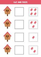 Mathe-Spiel für Kinder. Zähle und füge süße Vögel in Vogelhäuschen ein. vektor