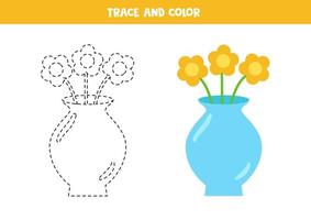 Zeichentrickvase mit Blumen nachzeichnen und ausmalen. Arbeitsblatt für Kinder. vektor