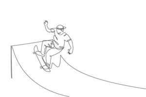 eine einzige Strichzeichnung eines jungen Skateboardfahrers, der Skateboard an der Rampenbrett-Vektorillustration reitet. Teenager-Lifestyle und extremes Outdoor-Sportkonzept. modernes Design mit durchgehender Linie vektor