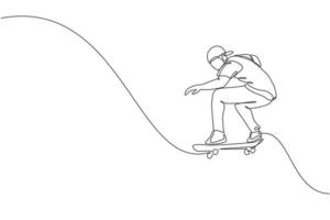 en kontinuerlig linjeteckning av ung cool skateboardåkare man rider skateboard och gör ett hopptrick i skatepark. extrem tonåring sport koncept. dynamisk enda rad rita design vektorillustration vektor