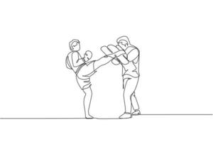 einzelne durchgehende Linienzeichnung der Kickboxer-Übung junger sportlicher Männer mit persönlichem Trainer und Boxsack in der Sporthalle. Kickbox-Sportkonzept bekämpfen. eine Linie zeichnen Design-Vektor-Illustration