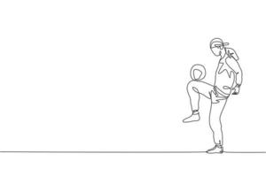 einzelne durchgehende Linienzeichnung eines jungen sportlichen Mannes mit Bandan-Zug-Fußball-Freestyle, der auf dem Feld jongliert. Fußball-Freestyler-Konzept. trendige grafikdesign-vektorillustration mit einer linie zeichnen vektor