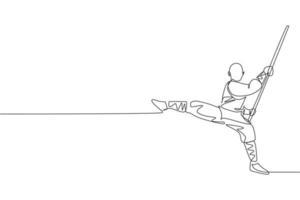 en enda linjeteckning av ung energisk shaolinmunk man tränar kung fu slåss med käpp vid templet vektorillustration. kinesisk kampsport sport koncept. modern kontinuerlig linjeritningsdesign
