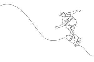 eine durchgehende Strichzeichnung eines jungen coolen Skateboardfahrers, der Skateboard fährt und springt, um einen Trick im Skatepark zu machen. extremes Teenager-Sportkonzept. dynamische einzeilige Zeichnungsdesign-Vektorillustration vektor