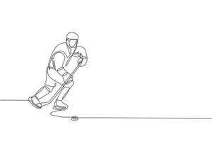 eine durchgehende Linienzeichnung eines jungen professionellen Eishockeyspielers, der im Eisstadion trainiert und übt. gesundes extremsportkonzept. dynamische einzeilige Zeichnungsdesign-Vektorillustration vektor