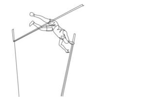 en kontinuerlig linjeteckning av ung sportig man som övar på att passera stavhoppsstången i fältet. hälsosam atletisk sport koncept. mästerskapsevenemang. dynamisk enda rad rita design vektorillustration vektor