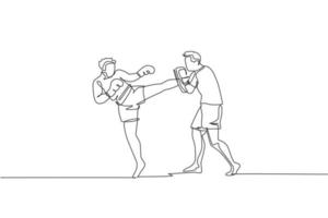 eine durchgehende Linienzeichnung eines jungen sportlichen Kickboxer-Athleten, der mit einem persönlichen Trainer trainiert, der einen Boxsack im Fitnessstudio hält. Kampfsportkonzept. einzeiliges zeichnen design vektorillustration