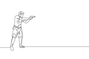 einzelne durchgehende Linienzeichnung eines jungen Sportlers, der eine Waffe hält und trainiert, um taktisches Zielschießen zu erreichen. Schießsport-Trainingskonzept. trendige einzeilige zeichnen design-vektorillustration vektor