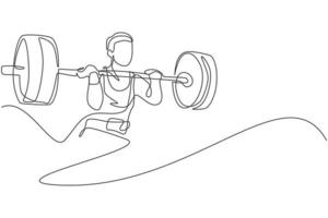 en enda linjeteckning av vältränad ung idrottare muskulös man som lyfter skivstänger och tränar på ett gym vektorillustration. tyngdlyftare förbereder sig för träningskoncept. modern kontinuerlig linjeritningsdesign vektor