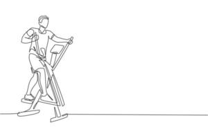 en kontinuerlig linjeteckning av ung sportig man som tränar med elliptisk kors i gymklubbcentret. hälsosam fitness sport koncept. dynamisk en rad rita grafisk design vektorillustration vektor