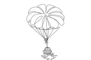 en kontinuerlig linjeteckning av ung tapperhet man flyger i himlen med parasailing fallskärm bakom en båt. utomhus farlig extrem sport koncept. dynamisk enda rad rita design vektorillustration vektor