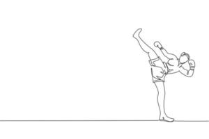 einzelne durchgehende Linienzeichnung des jungen sportlichen Mannes Kickboxer übt High Kick in der Sporthalle aus. Kampfwettbewerb Kickboxen Sportkonzept. trendige grafikdesign-vektorillustration mit einer linie zeichnen vektor