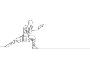 en kontinuerlig linjeteckning av ung shaolin-munk man tränar kung fu-stil på tempelplatsen. traditionell kinesisk stridssportkoncept. dynamisk enda rad rita design grafisk vektorillustration vektor