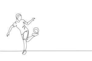 eine durchgehende Linienzeichnung von jungen Fußball-Freestylern, die üben, den Ball mit den Fußsohlen auf der Straße zu halten. Fußball-Freestyle-Sportkonzept. einzeiliges zeichnen design vektorillustration vektor