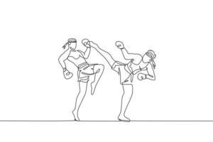 eine einzige strichzeichnung von zwei jungen energischen muay thai kämpfern kämpfen sparring in der vektorillustration des fitnesscenters im fitnessstudio. kämpferisches thailändisches boxsportkonzept. modernes Design mit durchgehender Linie vektor