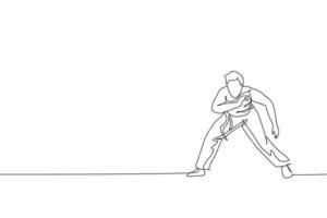 Eine einzige Strichzeichnung eines jungen, energischen Capoeira-Tänzers führt einen Tanzkampf auf, Vektorgrafik-Illustration. traditionelles Kampfkunst-Lifestyle-Sportkonzept. modernes Design mit durchgehender Linie vektor
