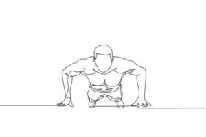 enda kontinuerlig linjeritning av ung sportig man utbildning push up i sport gym club center, framifrån. fitness stretching koncept. trendiga en rad rita grafisk design vektorillustration vektor