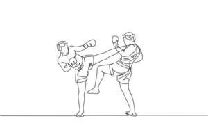 eine durchgehende Linienzeichnung von zwei jungen sportlichen Kickboxer-Athleten, die im Fitnessstudio trainieren. kämpferisches Kickbox-Sportkonzept. dynamische einzeilige Zeichnungsdesign-Vektorillustration vektor