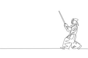 enda kontinuerlig linjeteckning av ung sportig man som tränar kendo försvar kampsport skicklighet på gym sport center. kampsport koncept. trendiga en rad rita grafisk design vektorillustration vektor