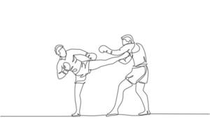 en kontinuerlig linjeteckning av två unga sportiga män kickboxer-atlet som tränar tillsammans på gymcentret. sparringskamp. stridbar kickboxning sport koncept. enkel rad rita design vektorillustration vektor