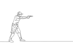 en enda linjeteckning av en ung man som övar på att skjuta mål inom räckhåll på skjutbanan grafisk vektorillustration. lerduveskytte sport koncept. modern kontinuerlig linjeritningsdesign vektor
