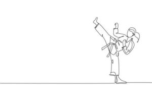 einzelne durchgehende Linienzeichnung eines jungen, selbstbewussten Karateka-Mädchens im Kimono, das Karate-Kampf im Dojo praktiziert. Kampfsport-Trainingskonzept. trendige einzeilige zeichnen design vektorgrafik illustration vektor