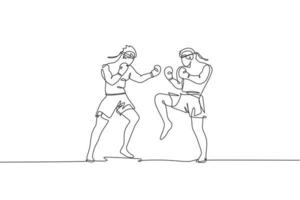 en enda linjeteckning av två unga energiska muay thai fighter män sparring kamp på gym fitnesscenter vektorillustration. stridbart thai boxningssportkoncept. modern kontinuerlig linjeritningsdesign vektor