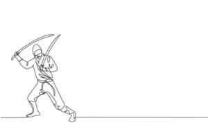 eine einzige strichzeichnung eines jungen, energischen japanischen traditionellen ninja, der samurai-schwerter bei angriff hält, stellt vektorillustration dar. kämpferisches Kampfkunst-Sportkonzept. modernes Design mit durchgehender Linie vektor