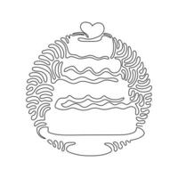enda kontinuerlig linjeritning bröllopstårta med kärleksform på toppen. söt tårta för att fira bröllopsfest. swirl curl cirkel bakgrundsstil. en rad rita grafisk design vektorillustration vektor