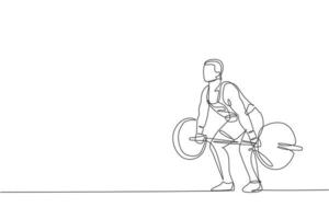 eine einzige Strichzeichnung eines fitten jungen Athleten, muskulöser Mann, der Langhanteln anhebt, die in einer Vektorillustration im Fitnessstudio trainieren. gewichtheber bereitet sich auf das trainingskonzept vor. modernes Design mit durchgehender Linie vektor