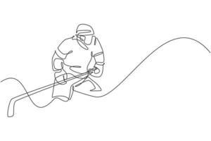 eine durchgehende Linienzeichnung eines jungen professionellen Eishockeyspielers, der im Eisstadion trainiert und übt. gesundes extremsportkonzept. dynamische einzeilige Zeichnungsdesign-Vektorillustration vektor