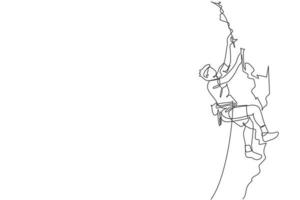 eine einzige Strichzeichnung eines jungen aktiven Mannes, der auf einem Klippenberg klettert und eine Sicherheitsseilvektorillustrationsgrafik hält. extremes outdoor-sport- und boulderkonzept. modernes Design mit durchgehender Linie vektor