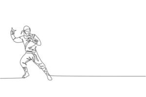 en enda linjeteckning av ung energisk japansk traditionell ninja som håller stjärnan shuriken på attack poserar vektorillustration. stridbar kampsport sport koncept. modern kontinuerlig linjeritningsdesign vektor