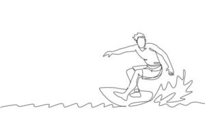 Eine einzige durchgehende Linie zeichnet einen jungen professionellen Surfer in Aktion, der auf den Wellen auf dem blauen Ozean reitet. extremes wassersportkonzept. Sommerurlaub. trendige grafische vektorillustration des einzeiligen abgehobenen betrages vektor