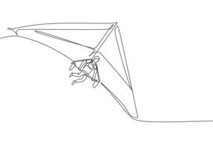 eine einzige Strichzeichnung eines jungen sportlichen Mannes, der mit einem Drachenfliegen-Fallschirm auf der Himmelsvektorgrafik fliegt. Extremsportkonzept. modernes Design mit durchgehender Linie vektor