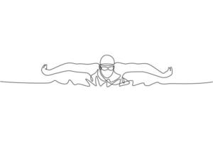 einzelne durchgehende Linienzeichnung eines jungen, glücklichen, professionellen Schwimmers, der sich auf das Training im Fitnessstudio-Schwimmbad konzentriert. gesundes lebensstilkonzept. trendige grafische vektorillustration des einzeiligen abgehobenen betrages vektor