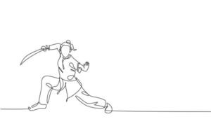 eine einzige Strichzeichnung einer jungen Frau auf Kimono-Übung Wushu-Kampfkunst, Kung-Fu-Technik mit Schwert auf der Vektorillustration des Fitnessstudios. Kampfsportkonzept. modernes Design mit durchgehender Linie vektor