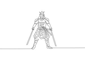 en enda linjeteckning av ung japansk samurajkrigare som håller katanasvärd och tränar på dojocentret vektorgrafisk illustration. stridbart kampsportkoncept. modern kontinuerlig linjeritningsdesign vektor