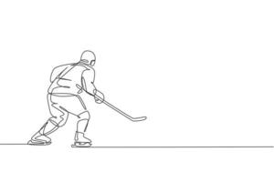 enda kontinuerlig linjeteckning av ung professionell ishockeyspelare som håller puckskottet och försvaret på isbanan. extrem vintersport koncept. trendiga en rad rita design vektorillustration vektor