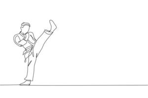eine durchgehende Linienzeichnung junger talentierter Karateka-Mann-Trainer für Duellkämpfe im Dojo-Fitnesscenter. Kampfkunst-Sportkonzept beherrschen. dynamische einzeilige Zeichnungsdesign-Vektorillustration vektor